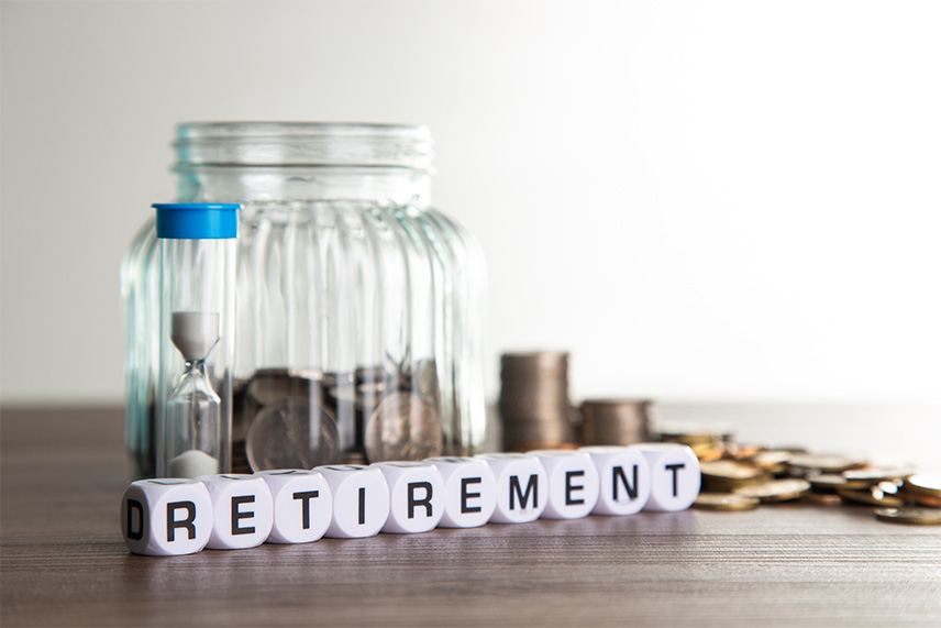 A glass jar with coins: a retirement plan.